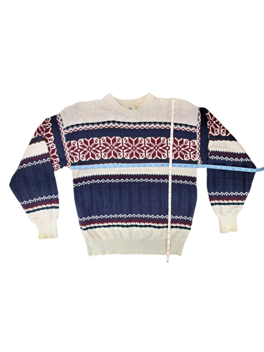Vintage Van Heusen Men Medium Fair Isle Knit Sweater Red Blue Nordic Snowflake - Picture 5 of 6